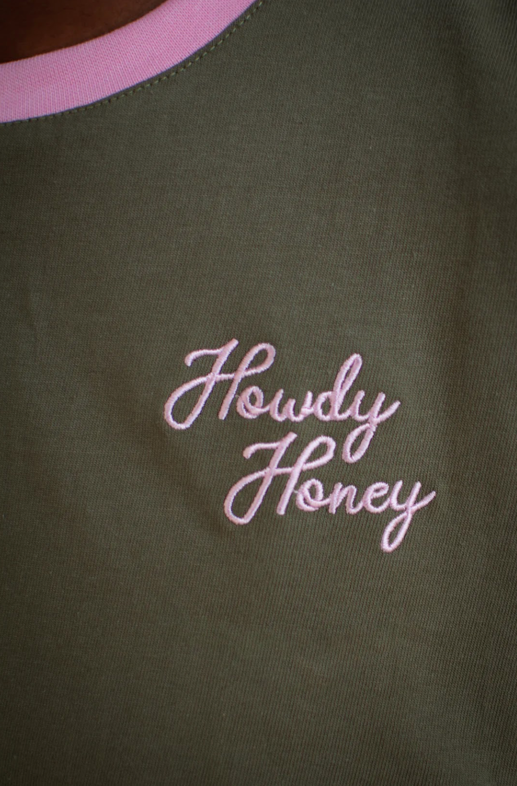 Howdy Honey Ringer Tee-Olive and Rose