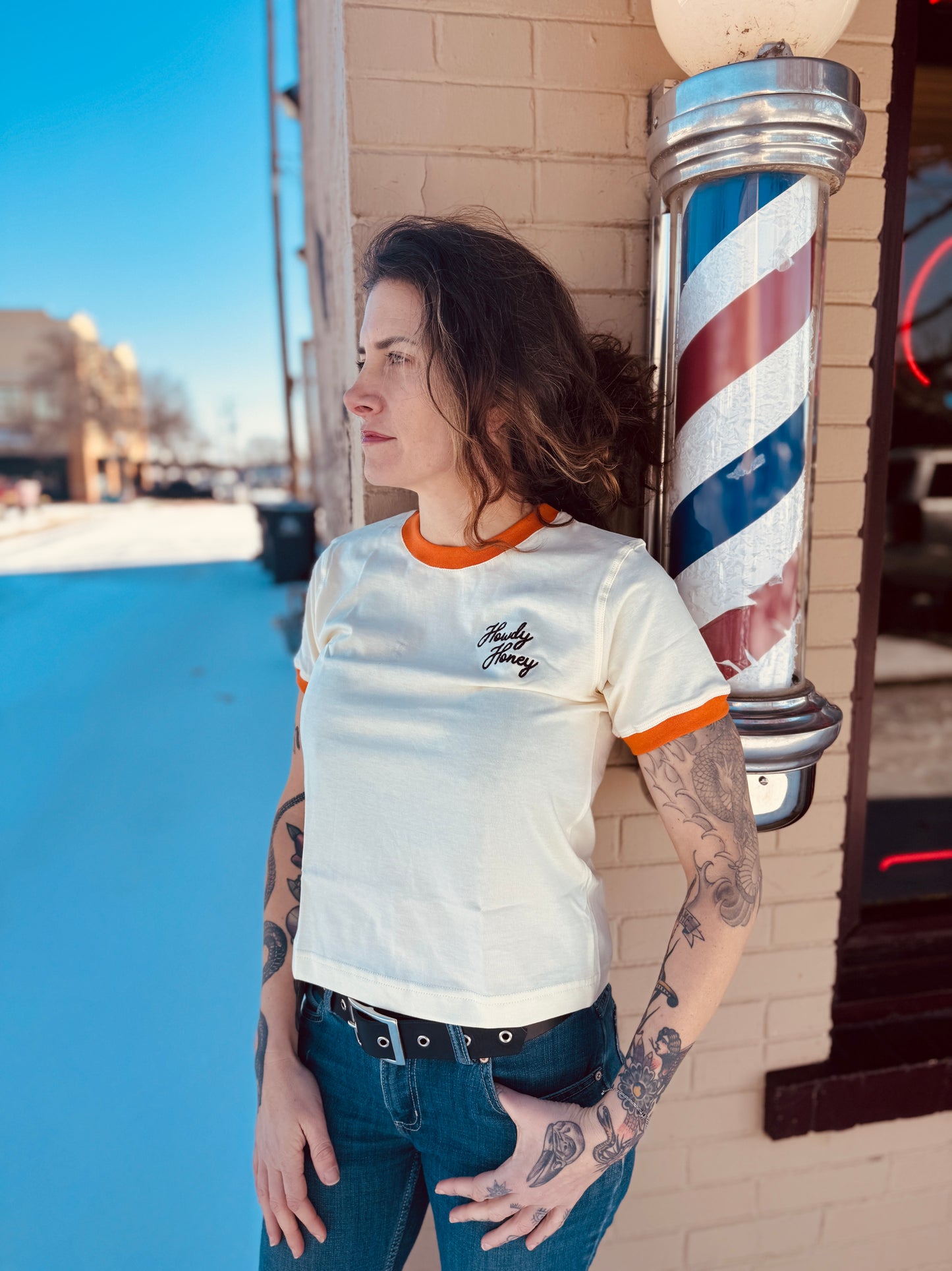 Howdy Honey Ringer Tee-Oat and Orange