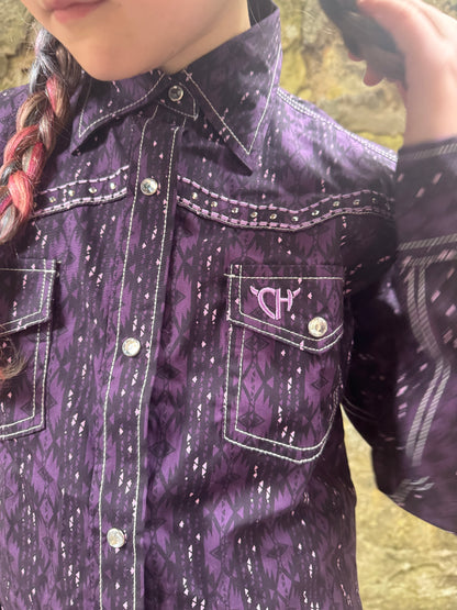 Kids Cowgirl Hardware Western Shirt - Long Sleeve- Purple Rodeo Rein