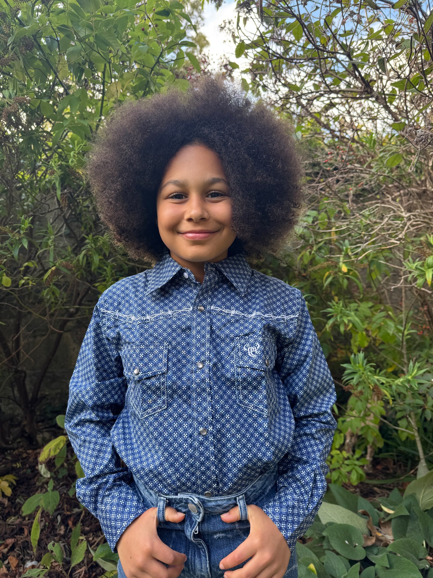 Kids Cowgirl Hardware Western Shirt - Long Sleeve- Blue Prairie Patch