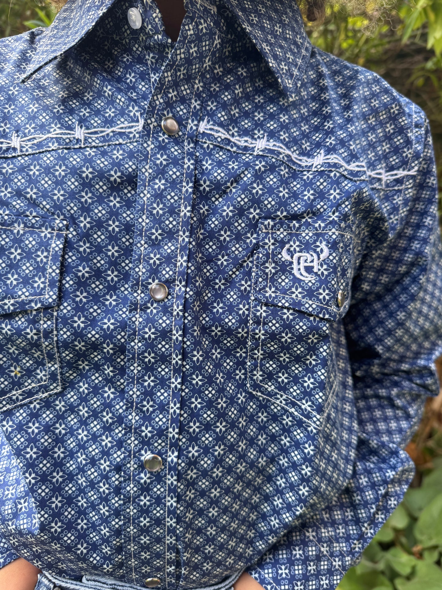 Kids Cowgirl Hardware Western Shirt - Long Sleeve- Blue Prairie Patch