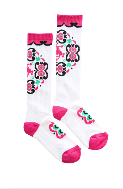 LUCKY CHUCK Ranch Glam White Pink Performance Boot Socks