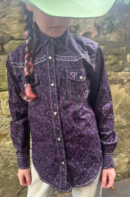 Kids Cowgirl Hardware Western Shirt - Long Sleeve- Purple Rodeo Rein