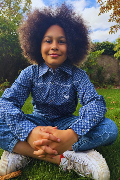 Kids Cowgirl Hardware Western Shirt - Long Sleeve- Blue Prairie Patch