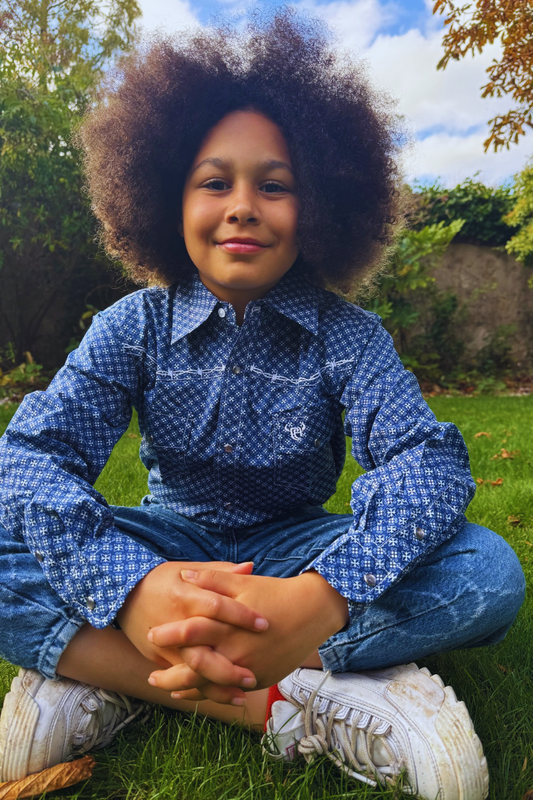 Kids Cowgirl Hardware Western Shirt - Long Sleeve- Blue Prairie Patch