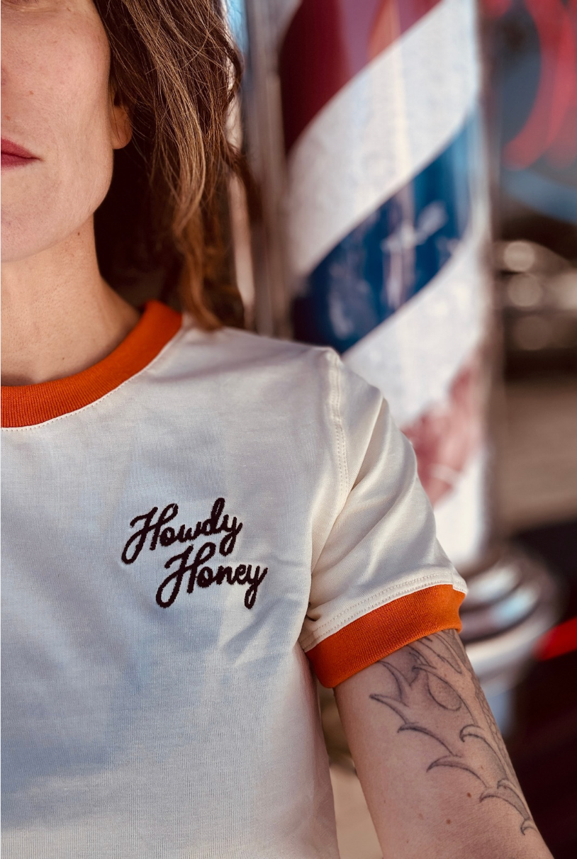 Howdy Honey Ringer Tee-Oat and Orange